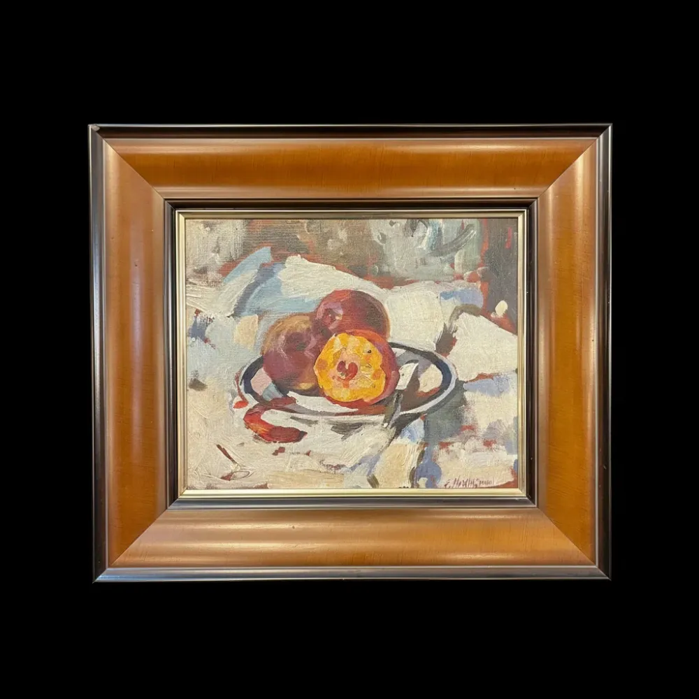 Fernando Morales Jordán -Óleo sobre madera bodegón 'Duraznos' Consignación