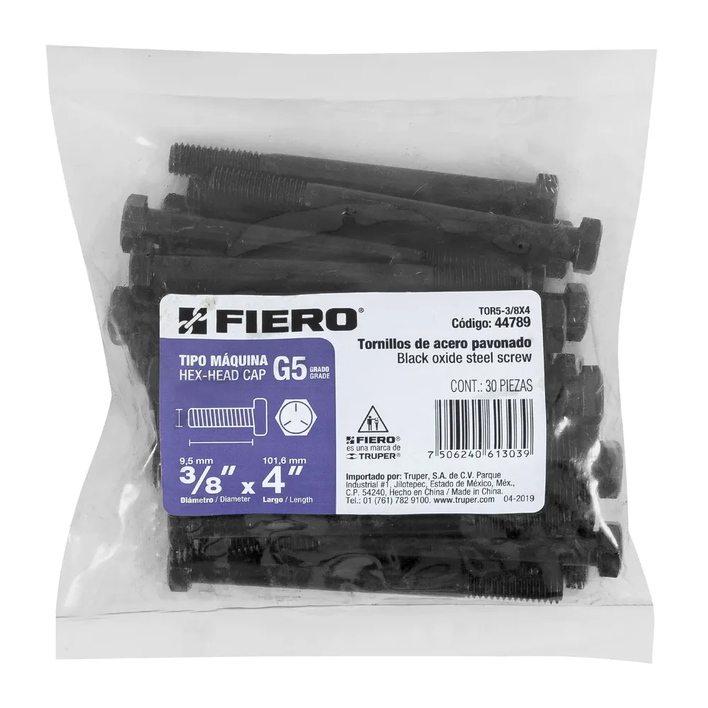 Bolsa con 30 tornillos 3/8" x 4" acero grado 5, Fiero