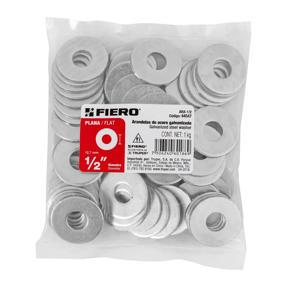 Bolsa de 1 kilo arandelas planas galvanizadas 1/2", Fiero