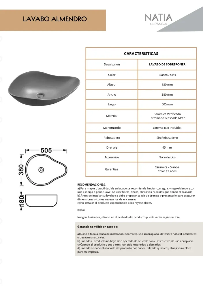 LAVABO CERAMICO DE SOBREPONER MOD. ALMENDRO GRIS NATIA Home Design México