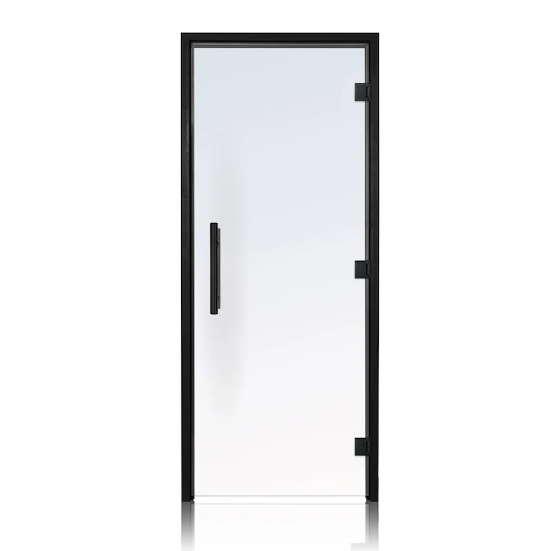 Puerta de sauna precolgada de abeto con vidrio transparente de Bathology | SaunaTight 310 Prosaunas
