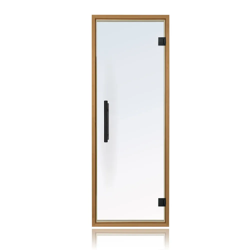 Puerta de sauna precolgada de abeto con vidrio transparente de Bathology | SaunaTight 310 Prosaunas