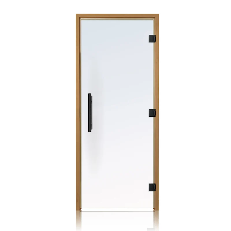 Puerta de sauna precolgada de abeto con vidrio transparente de Bathology | SaunaTight 310 Prosaunas