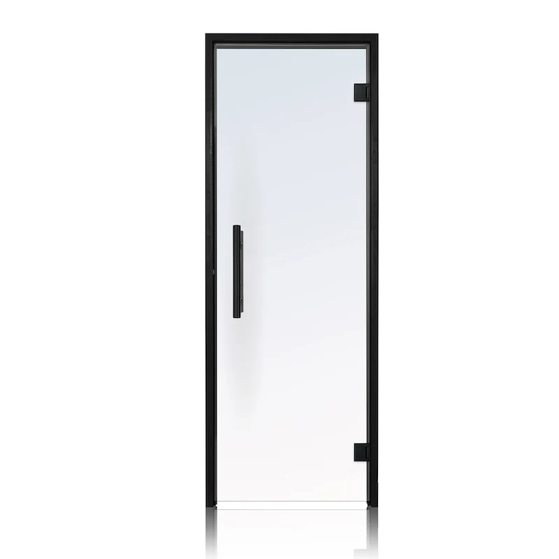 Puerta de sauna precolgada de abeto con vidrio transparente de Bathology | SaunaTight 310 Prosaunas