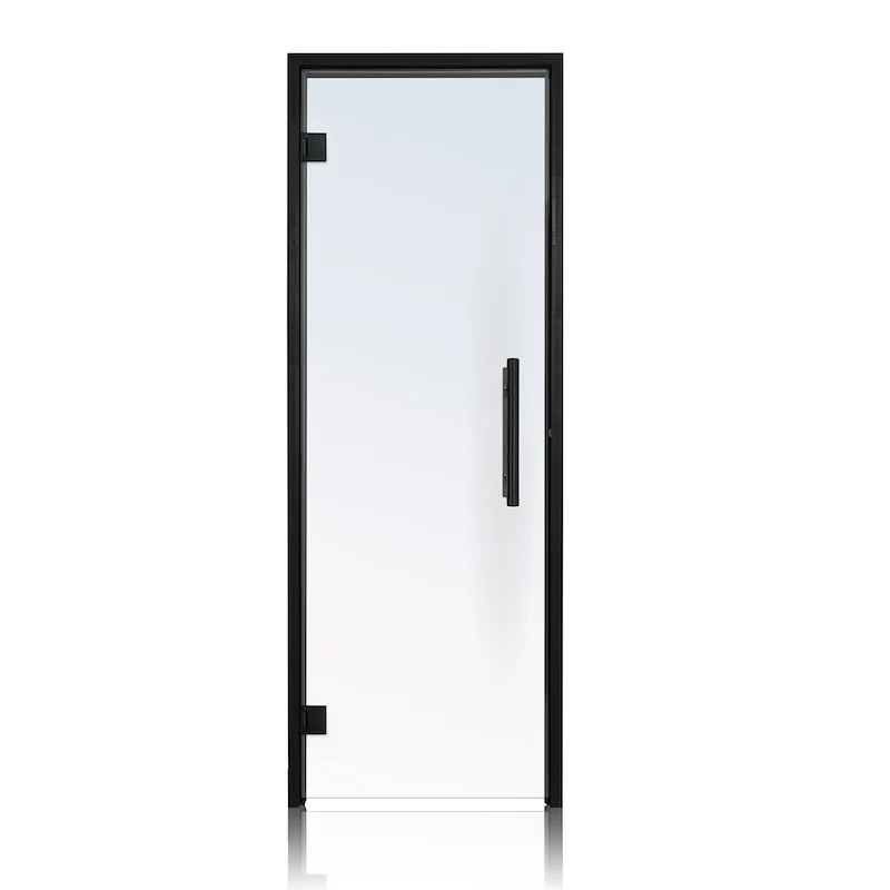 Puerta de sauna precolgada de abeto con vidrio transparente de Bathology | SaunaTight 310 Prosaunas