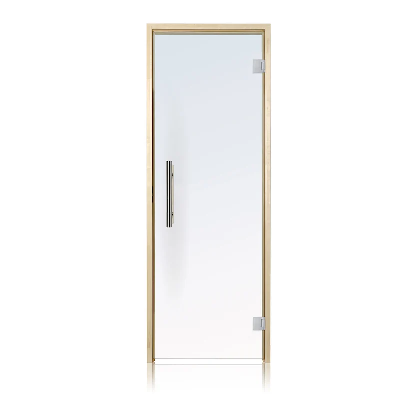 Puerta de sauna precolgada de abeto con vidrio transparente de Bathology | SaunaTight 310 Prosaunas