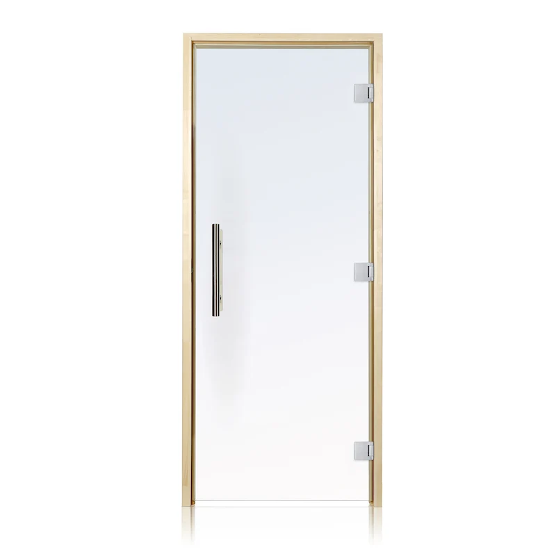 Puerta de sauna precolgada de abeto con vidrio transparente de Bathology | SaunaTight 310 Prosaunas