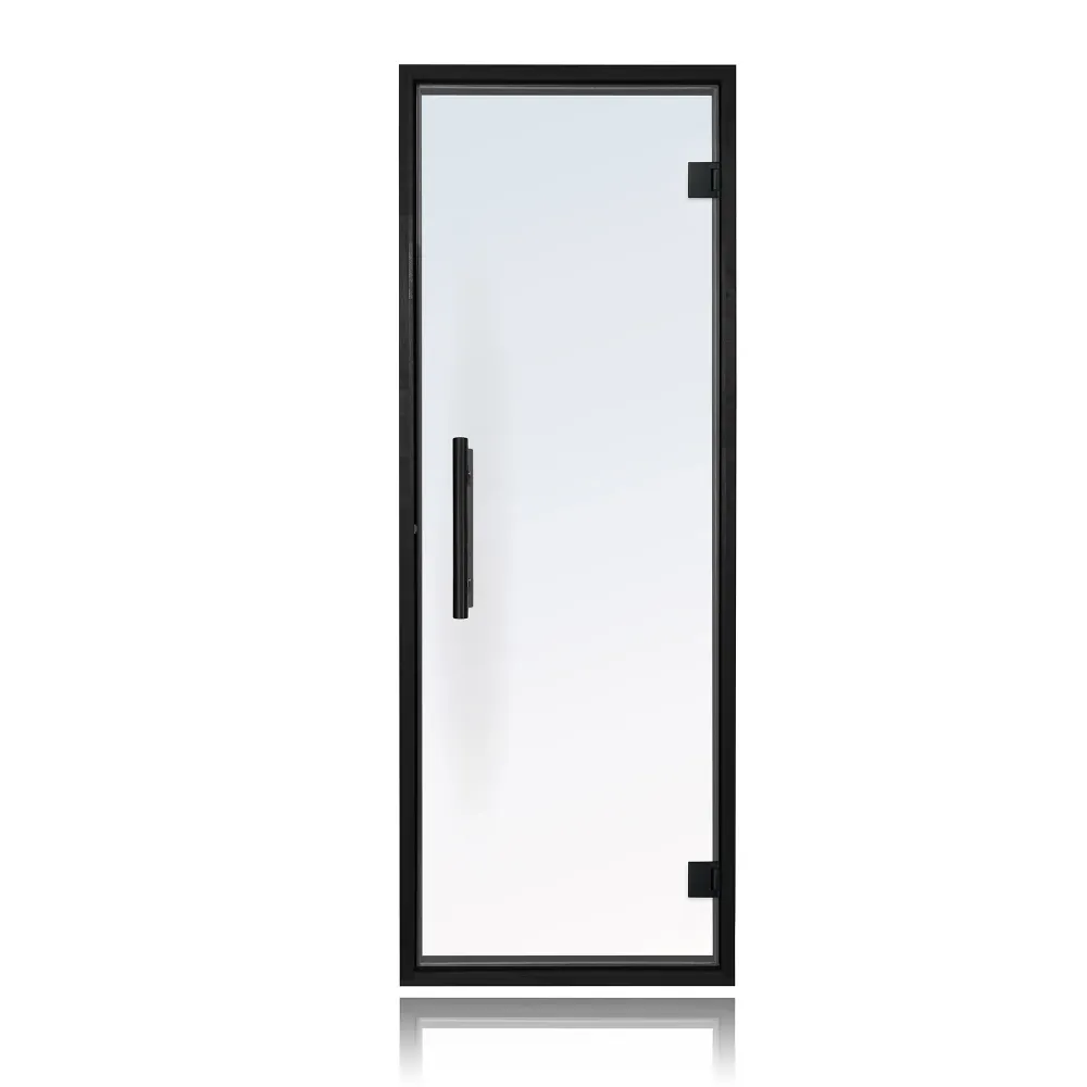 Puerta de sauna precolgada de abeto con vidrio transparente de Bathology | SaunaTight 310 Prosaunas