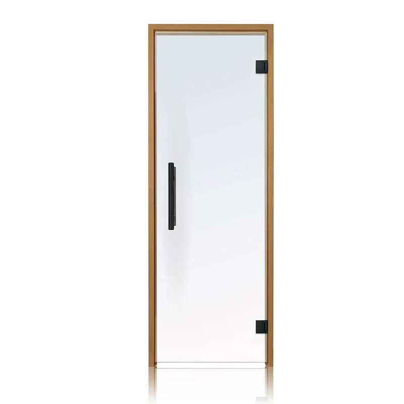 Puerta de sauna precolgada de abeto con vidrio transparente de Bathology | SaunaTight 310 Prosaunas