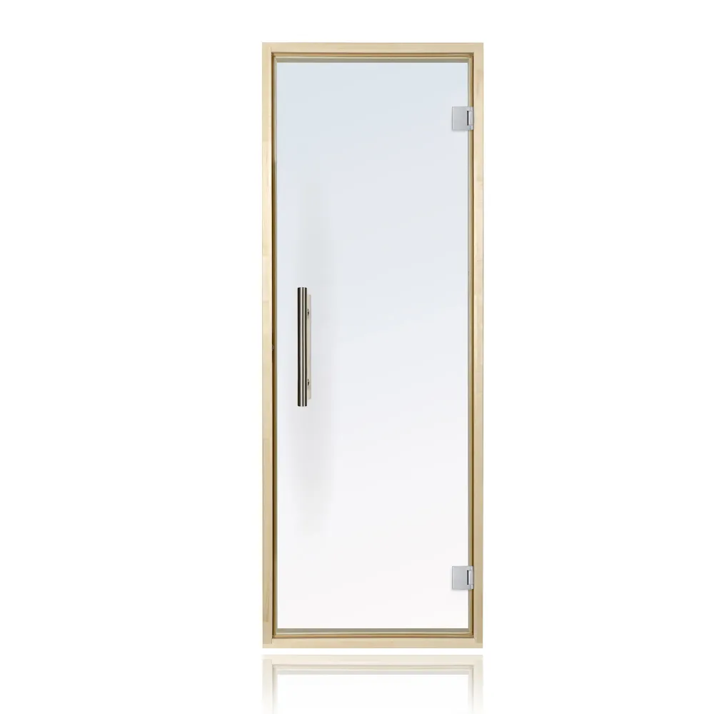Puerta de sauna precolgada de abeto con vidrio transparente de Bathology | SaunaTight 310 Prosaunas