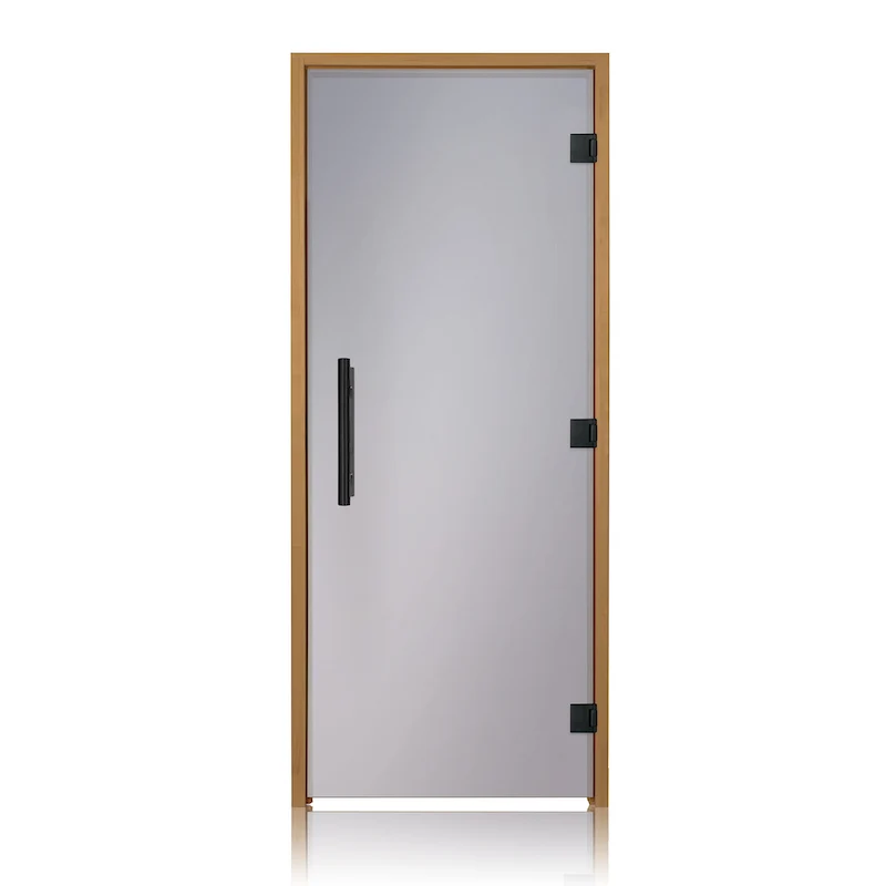 Puerta de sauna precolgada de abeto con vidrio transparente de Bathology | SaunaTight 310 Prosaunas
