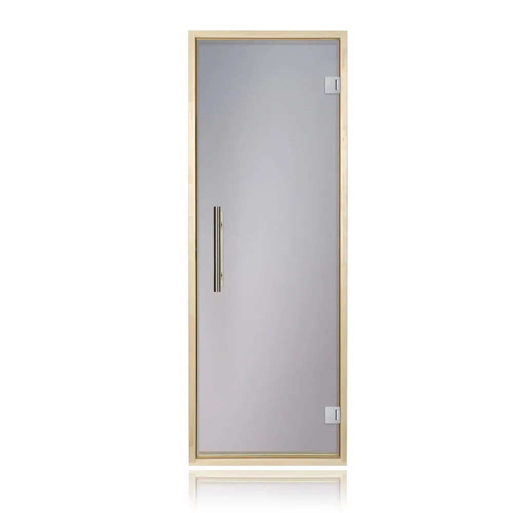 Puerta de sauna precolgada de abeto con vidrio transparente de Bathology | SaunaTight 310 Prosaunas