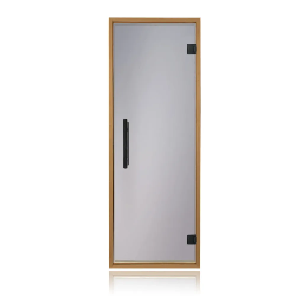 Puerta de sauna precolgada de abeto con vidrio transparente de Bathology | SaunaTight 310 Prosaunas