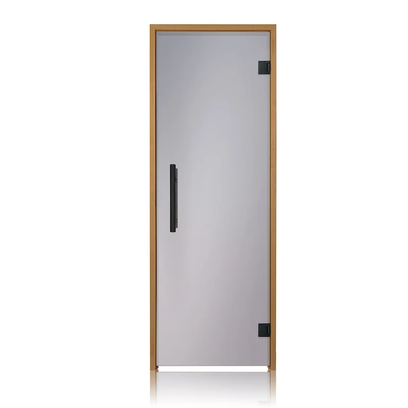 Puerta de sauna precolgada de abeto con vidrio transparente de Bathology | SaunaTight 310 Prosaunas