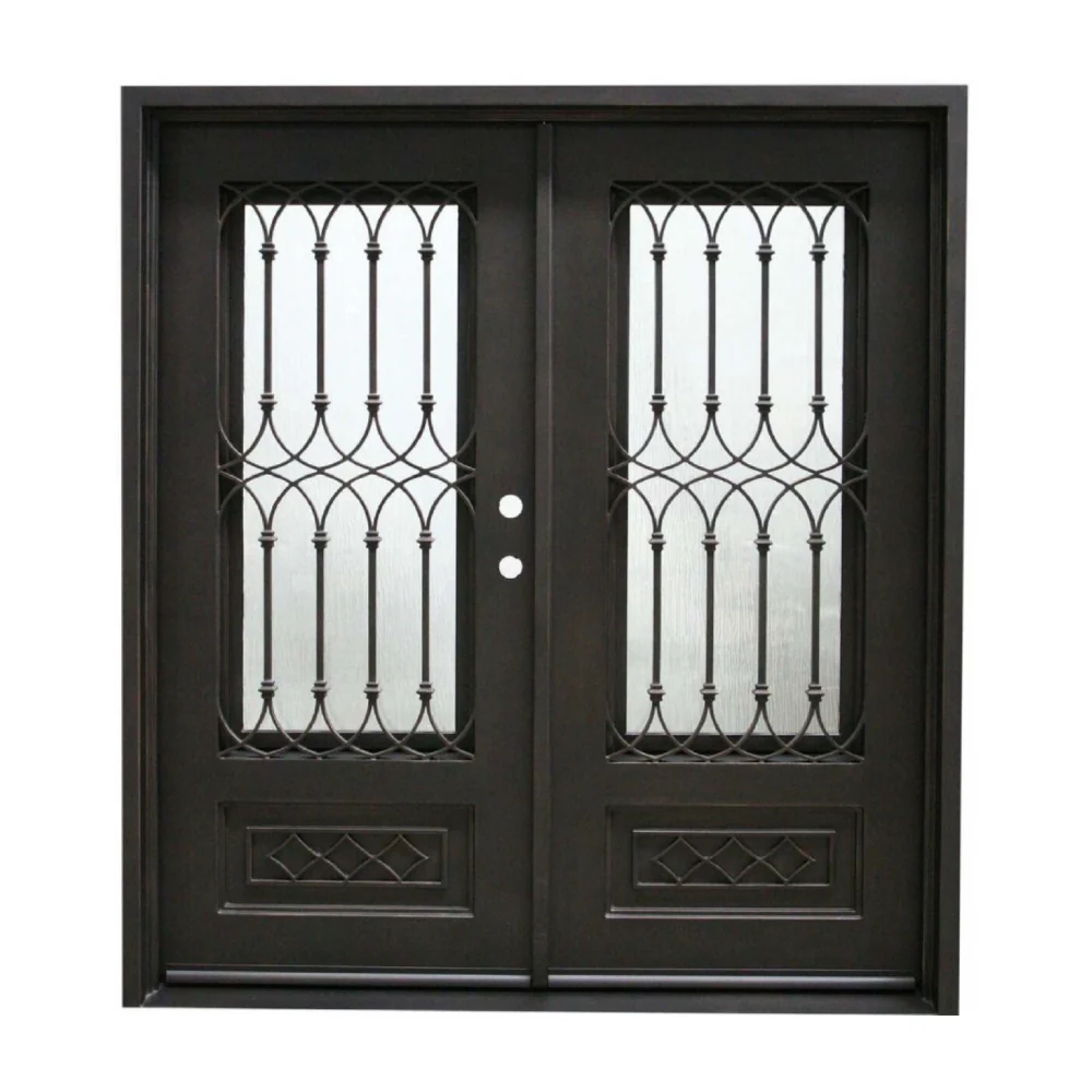 Puerta de entrada doble de hierro forjado precolgada Bella de 6 pies x 6 pies 8 pulgadas