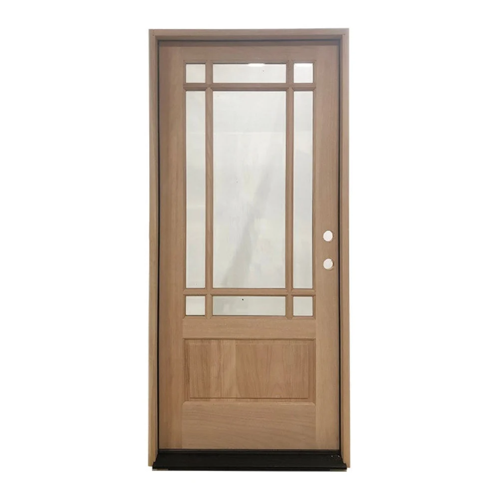 Puerta de entrada precolgada de caoba estilo pradera de 3 pies x 6 pies 8 pulgadas con 9 paneles marginales