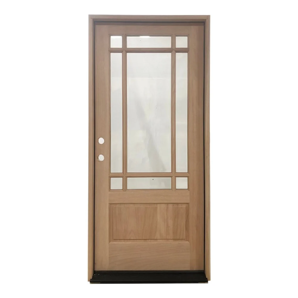 Puerta de entrada precolgada de caoba estilo pradera de 3 pies x 6 pies 8 pulgadas con 9 paneles marginales