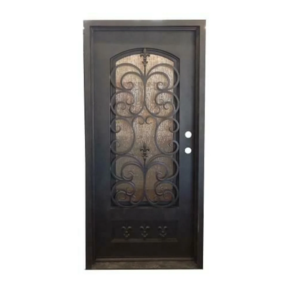 Puerta de entrada precolgada de hierro forjado simple Fleur De Lis de 3 pies x 6 pies 8 pulgadas