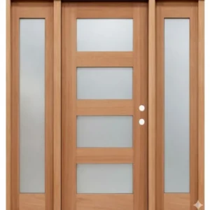 Puerta exterior precolgada moderna de caoba con cuatro paneles laterales de 5 pies y 9 pulgadas x 6 pies y 8 pulgadas