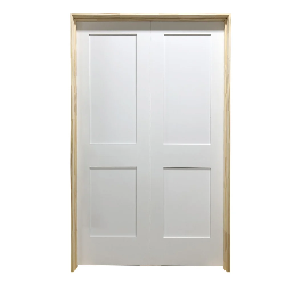 Puerta francesa interior precolgada de MDF con núcleo sólido, imprimada, de 2 paneles, de color blanco Shaker de 3 pies x...